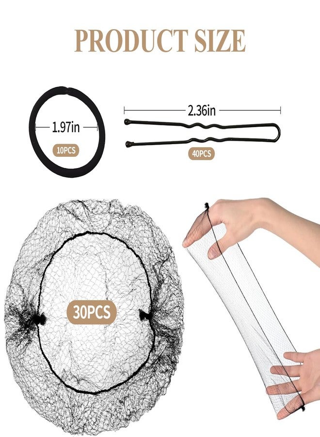 Bolsdoic 80Pcs Hair Net Set，30 Invisible Elastic Nylon Hair Net，40 U-Shaped Hair Pins and 10 Elastic Hair Ties,Suitable for Ballet Bun, Food Service, and Everyday Use（Black） - Image 2